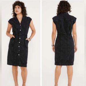 ETICA ISSA Seamed Denim Dress Sz Medium Black Button Front Organic Cotton Belted